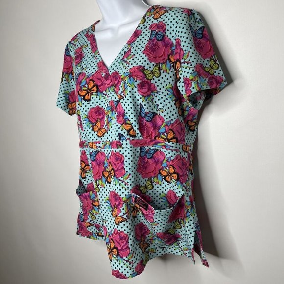 💜 3/$30 Betsey Johnson Calla Mock Wrap Scrub Top Polka Dots Roses Butterflies - Picture 7 of 8
